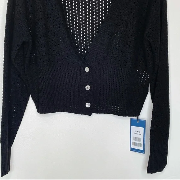 J.ING Black Crop Cardigan Open Knit Long Sleeve V-neck Button Small Medium NWT - Picture 4 of 9